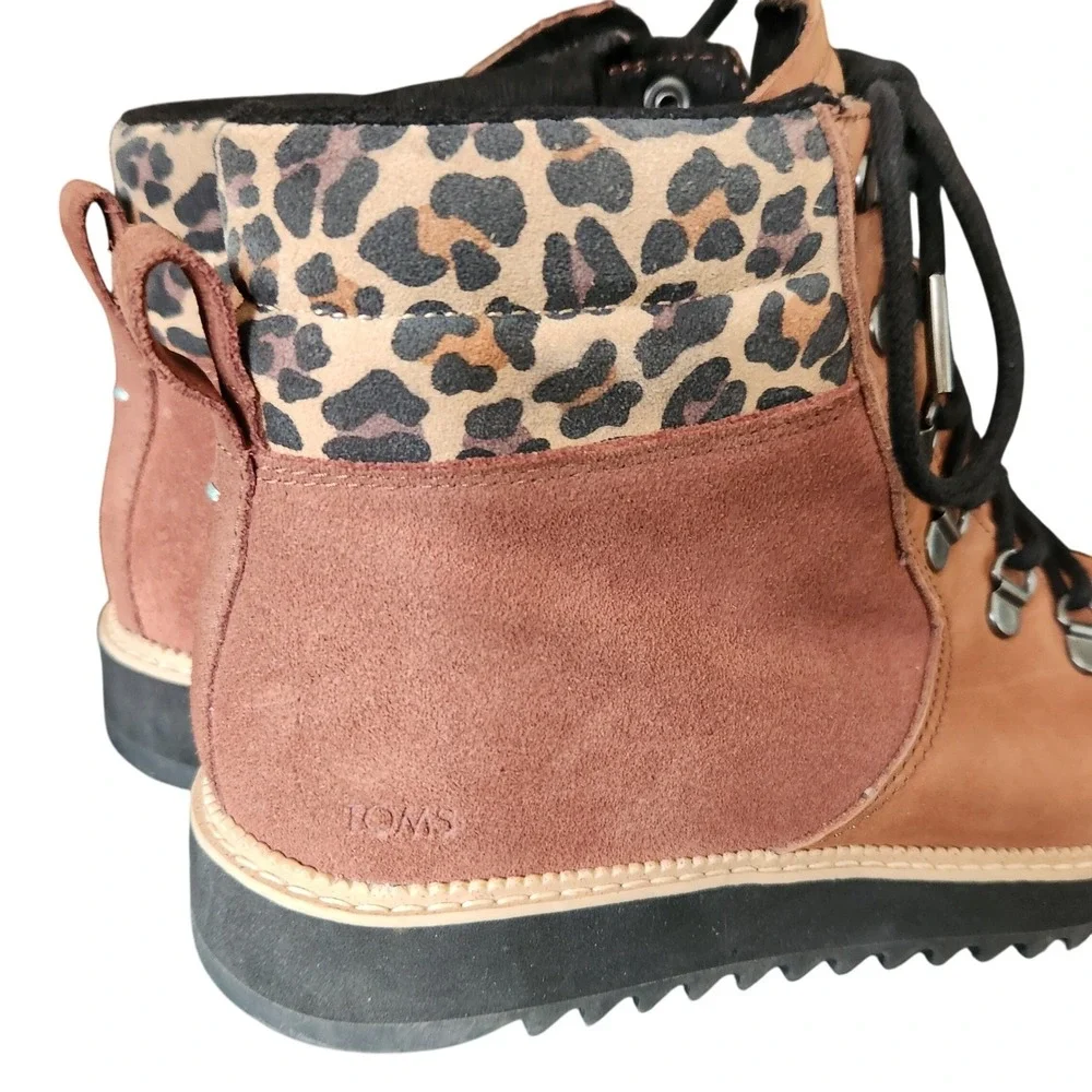 TOMS brown & leopard lace up leather combat ankle boots 9 Gorpcore‎
